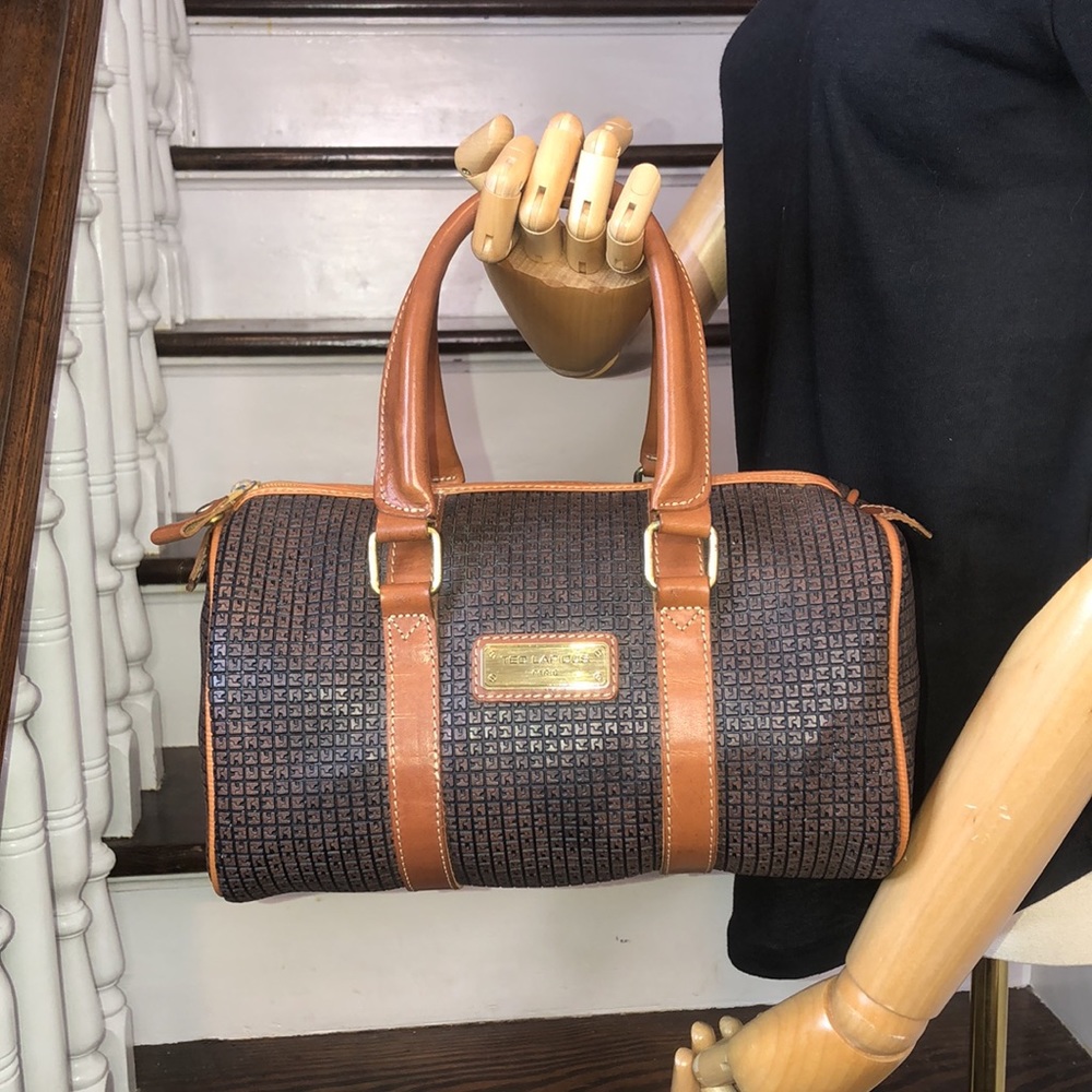 TED LAPIDUS Paris Logo Embossed Vinyl Leather Top Handle Accent Boston Tote